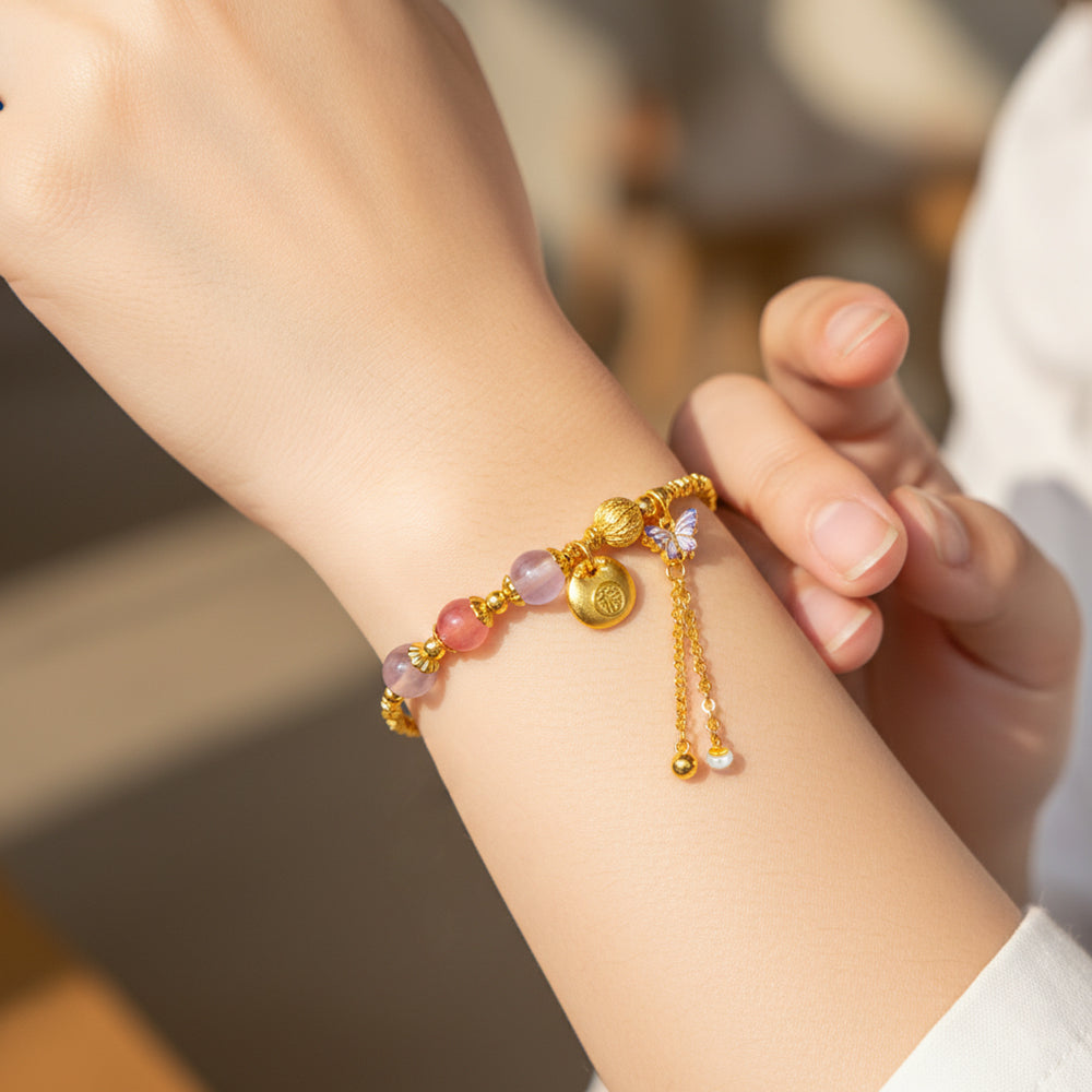Gold Plated Silver Agate Blessing Fu Bag Butterfly Bracelet