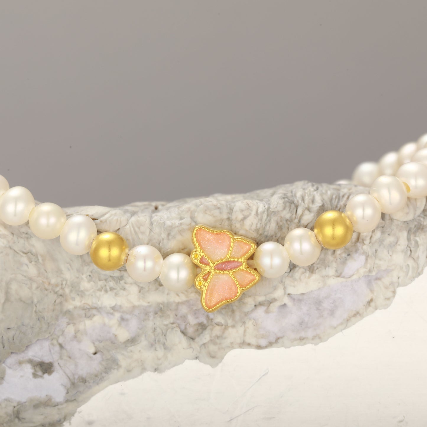 24K Gold Pearl Enamel Butterfly Bracelet