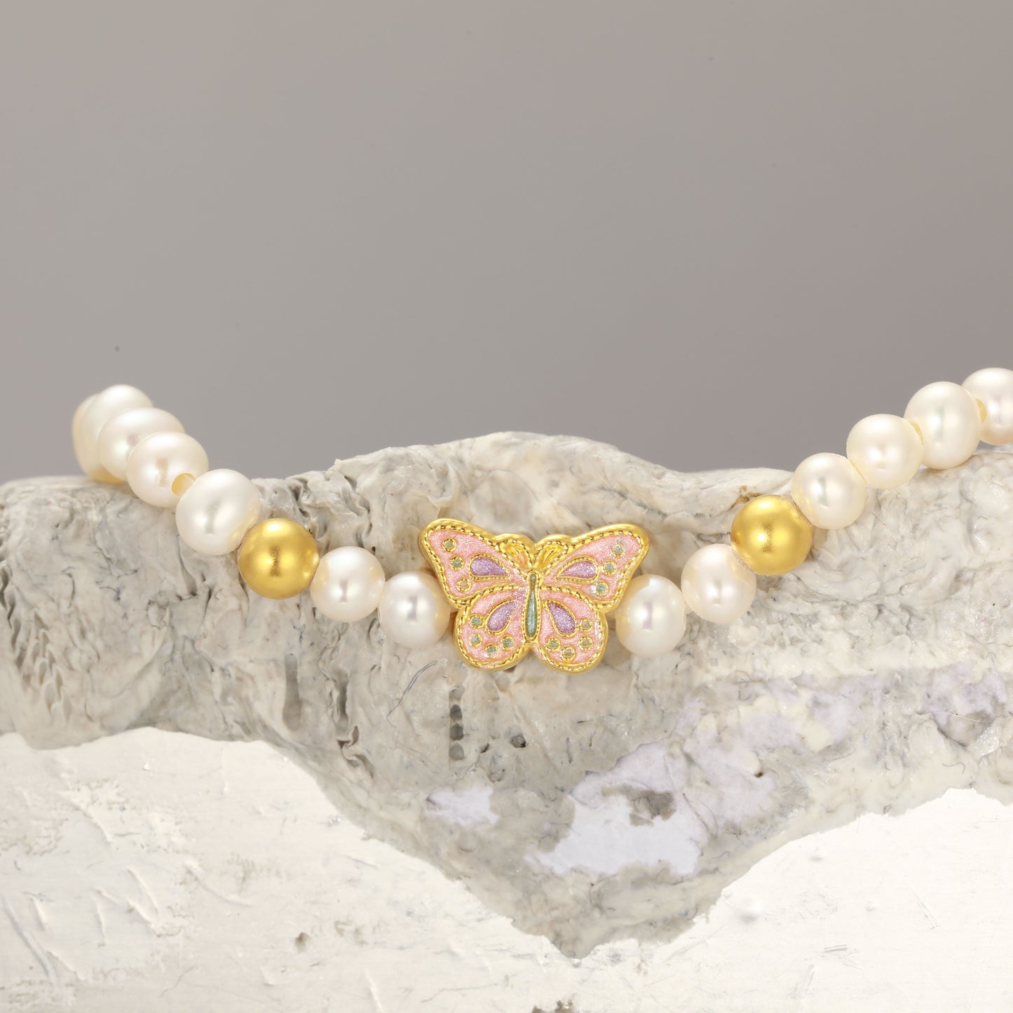 24K Gold Pearl Enamel Butterfly Bracelet