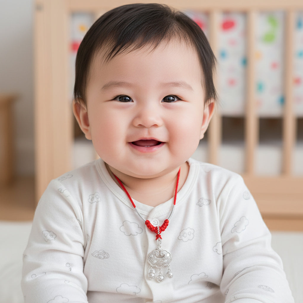 Silver Auspicious Newborn Baby Child Ruyi Lock Necklace