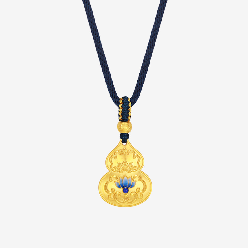 Oriental Blue and White Series 24K Gold Enamel Blue Lotus Gourd Pendant Necklace