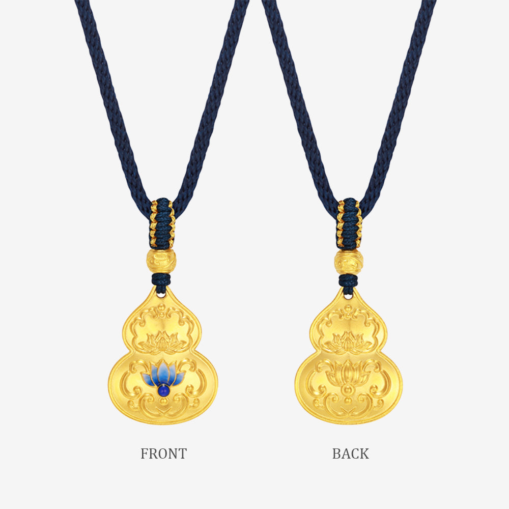 Oriental Blue and White Series 24K Gold Enamel Blue Lotus Gourd Pendant Necklace