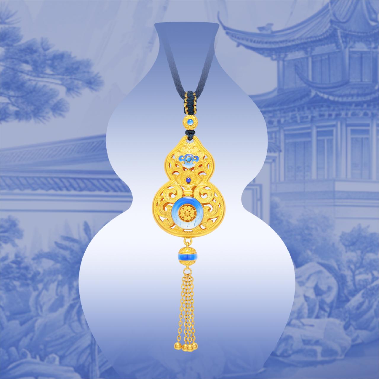 Oriental Blue and White Series 24K Gold Gourd Necklace Pendant