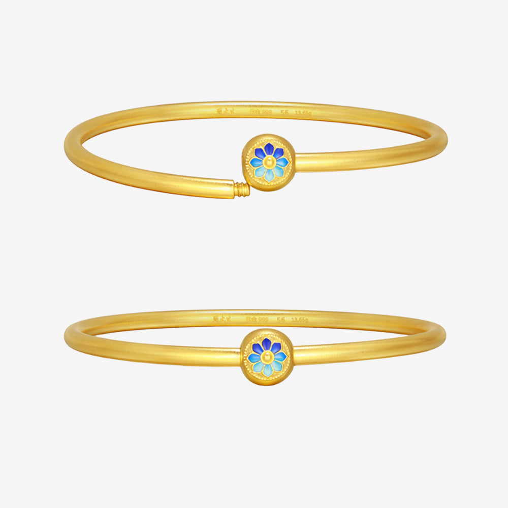 Oriental Blue and White Series 24K Gold Enamel Eight Treasure Flower Bangle