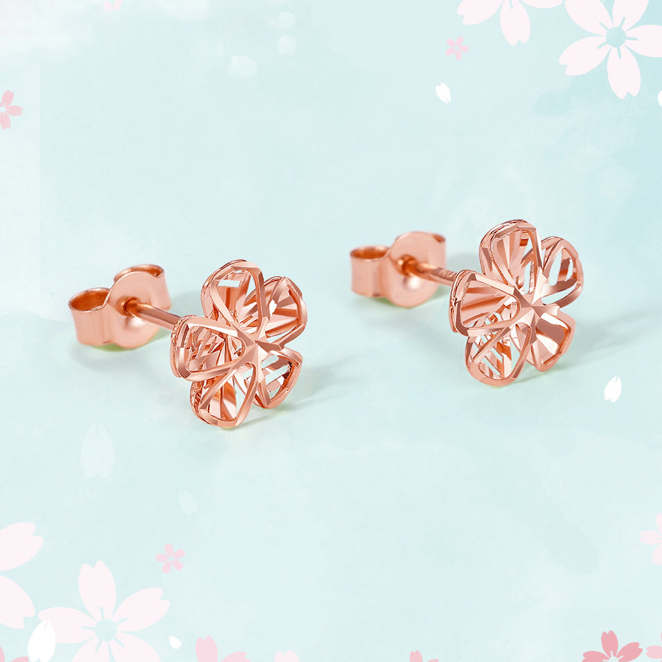 Bông tai dạng hạt hoa anh đào rỗng màu vàng hồng 18K
