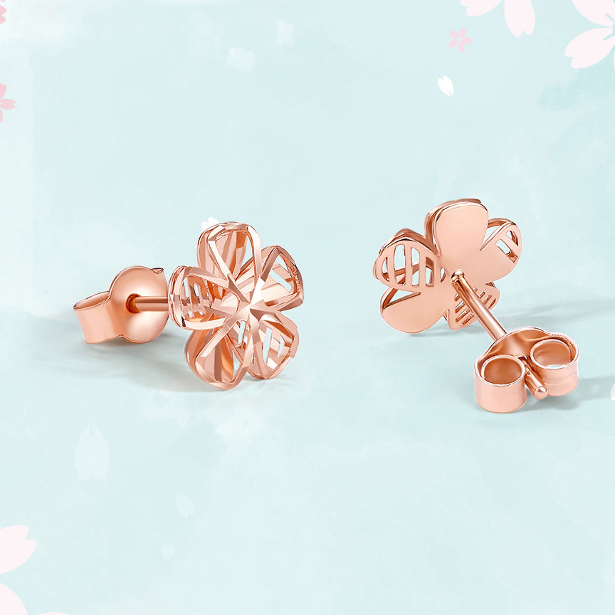 Bông tai dạng hạt hoa anh đào rỗng màu vàng hồng 18K