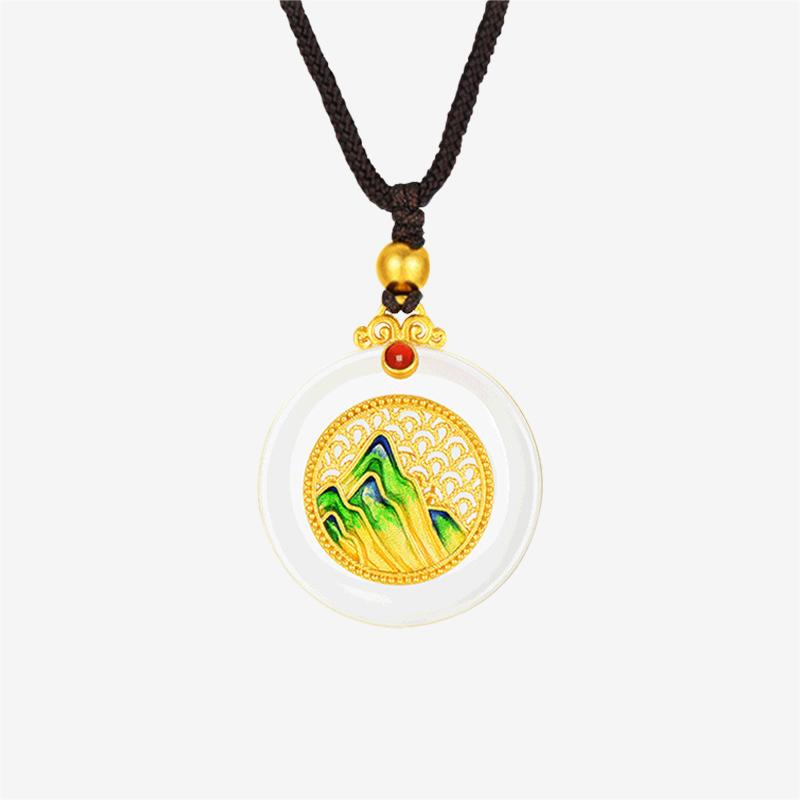 A Grand Panorama of Rivers and Mountains Series 24K Gold Enamel Filigree Hetian Jade Pendant