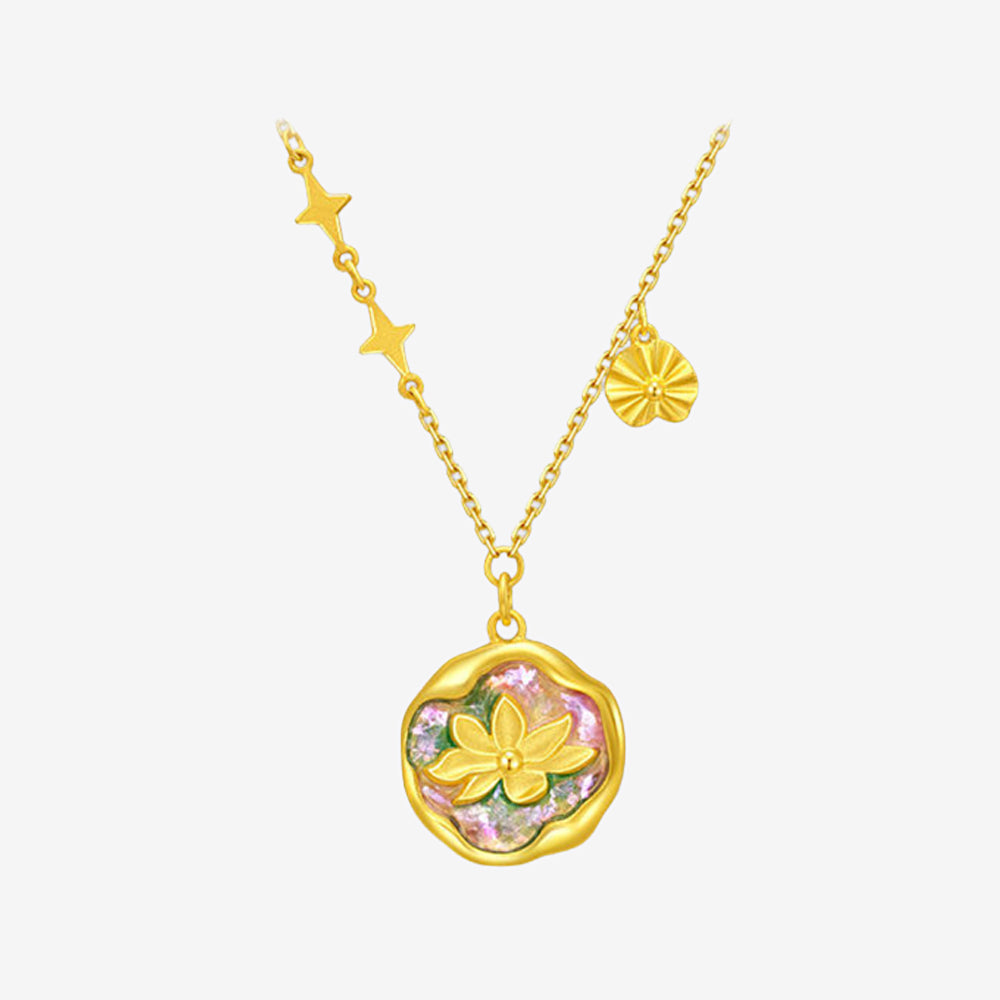 Monet Garden Series 24K Gold Enamel Colorful Water Lily Lotus Leaf Necklace