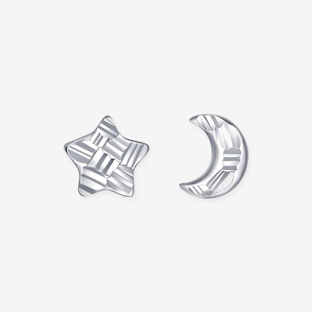 Pt950 Platinum Star and Moon Asymmetric Stud Earrings