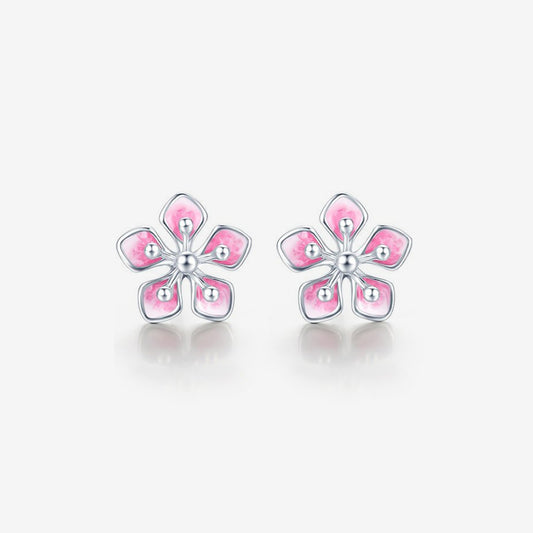 Pt950 Platinum Enamel Peach Blossom Flower Earrings