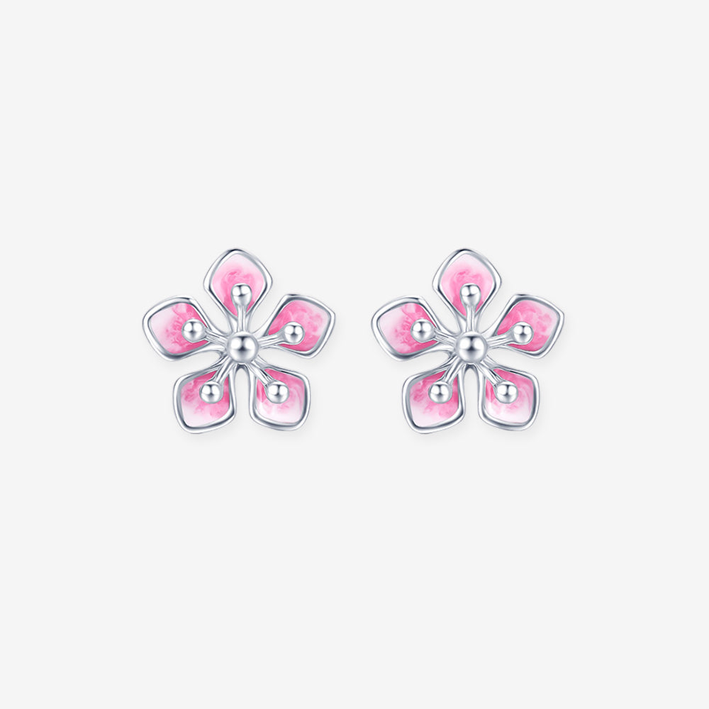 Pt950 Platinum Enamel Peach Blossom Flower Earrings
