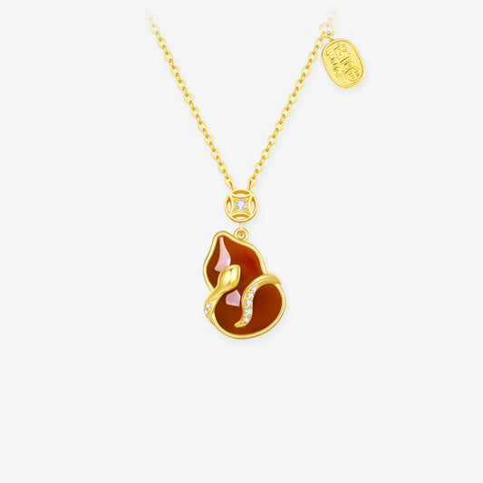 Gold Plated Silver Hetian Jade Chalcedony Blessing Snake Gourd Necklace
