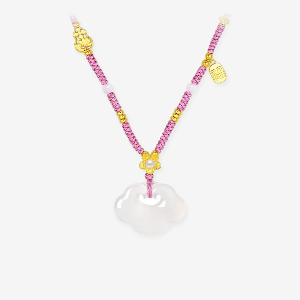 Silver Chalcedony Auspicious Cloud Ping An Buckle Necklace