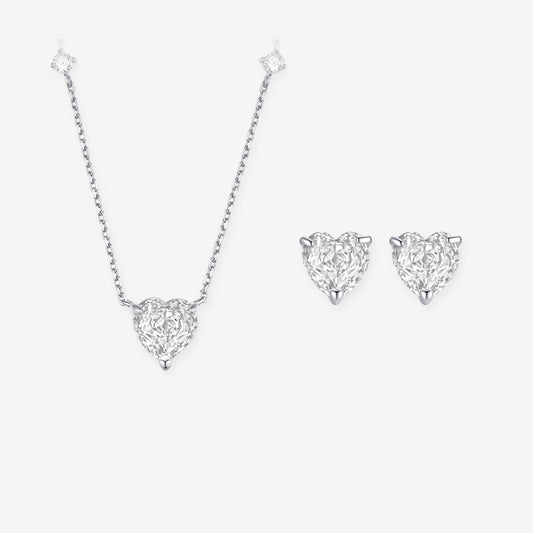Silver Zircon Heart Jewelry Set - Necklace Earrings