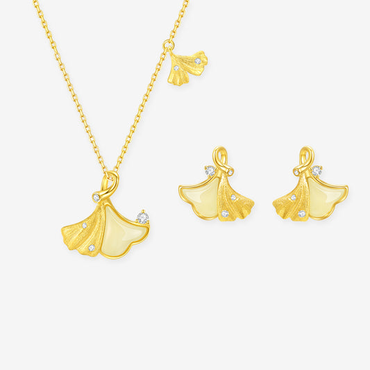 [Pre-sale] S925 Silver Hetian Jade Ginkgo Leaf Jewelry Set - Necklace Earrings