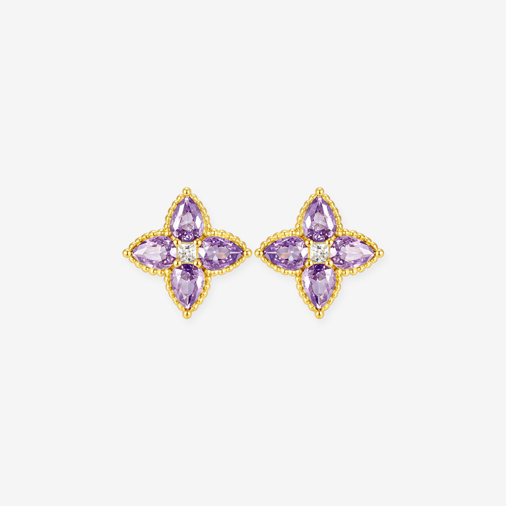 Gold Plated Silver Zircon Purple Lucky Clover Jewelry Set - Necklace & Earrings