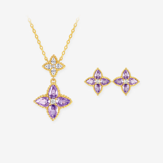 Gold Plated Silver Zircon Purple Lucky Clover Jewelry Set - Necklace & Earrings