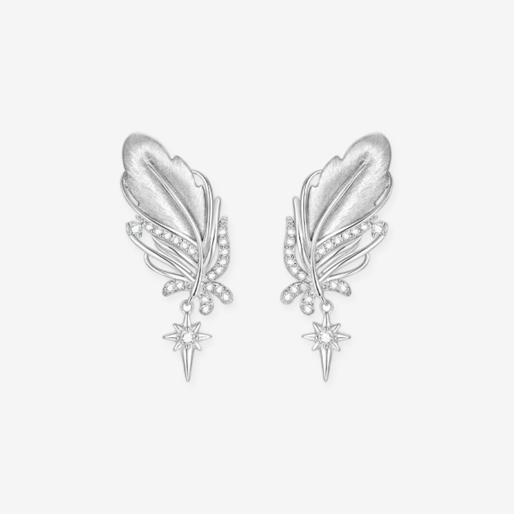 925 sterling silver vintage swan feather stud earrings with cubic zirconia star charm drop, product flat lay on white background