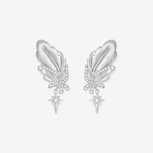 925 sterling silver vintage swan feather stud earrings with cubic zirconia star charm drop, product flat lay on white background