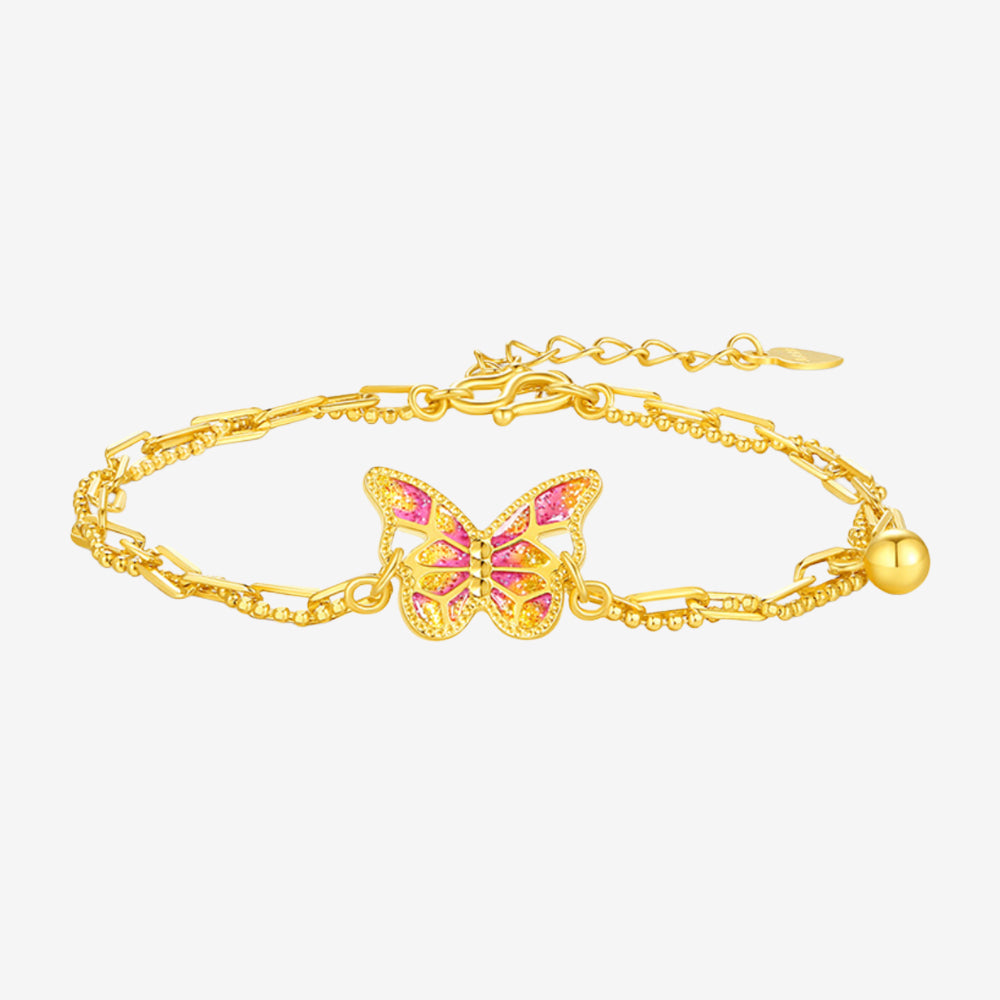 925 Silver Gold Plated Enamel Pink Butterfly Bracelet