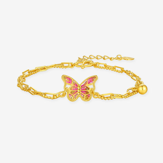 925 Silver Gold Plated Enamel Pink Butterfly Bracelet