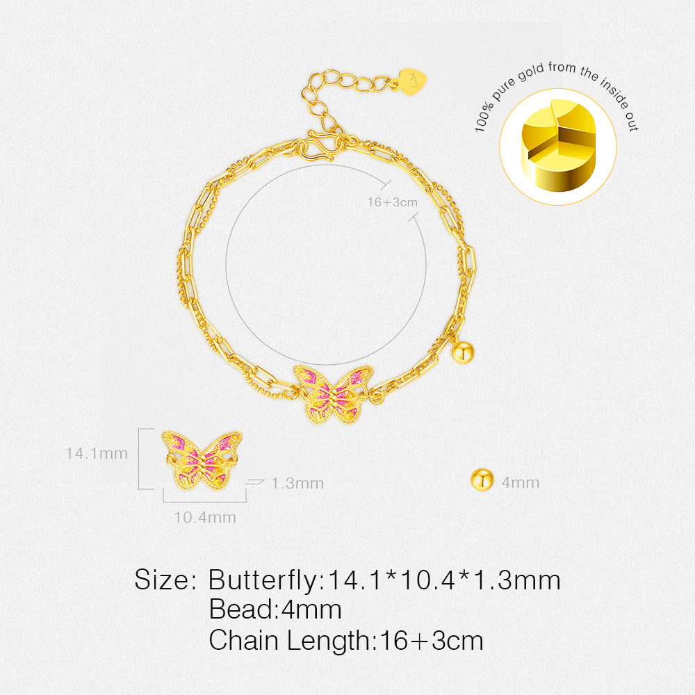 925 Silver Gold Plated Enamel Pink Butterfly Bracelet