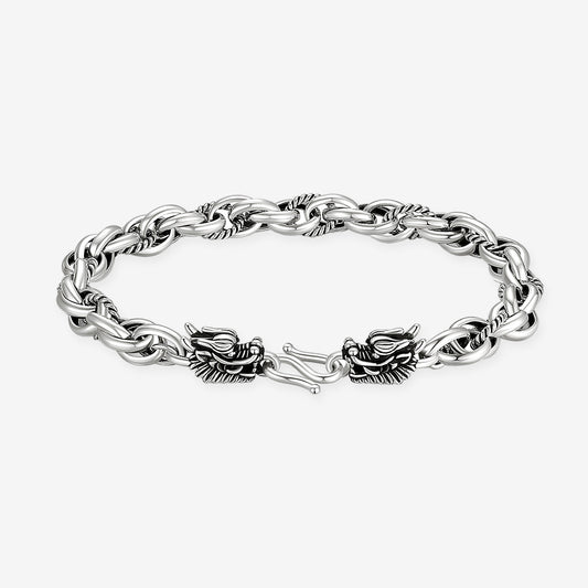 S990 Silver Double Dragon Head Twisted Rope Men Bracelet