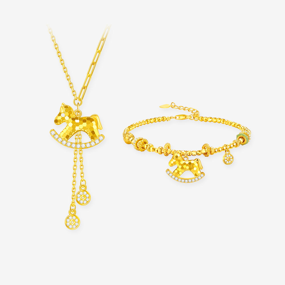 Gold Plated Silver Zircon Rich Horse Jewelry Set - Necklace Bracelet