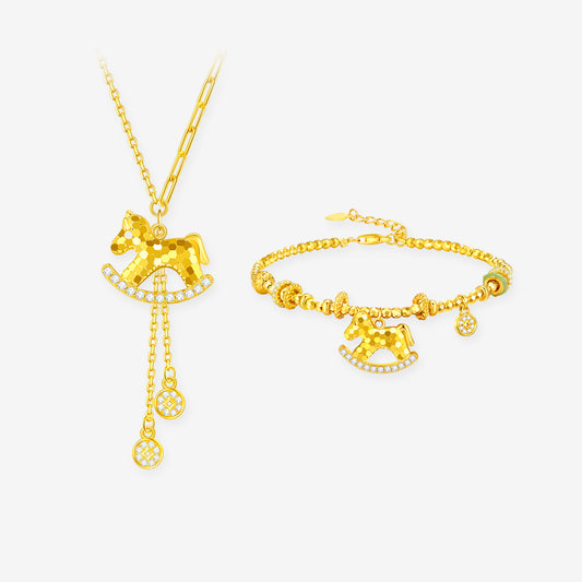Gold Plated Silver Zircon Rich Horse Jewelry Set - Necklace Bracelet