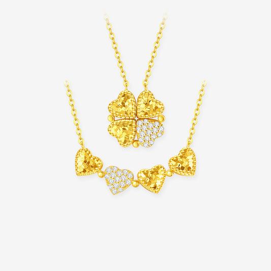 Gold Plated Silver Zircon Transformable Heart Clover Necklace
