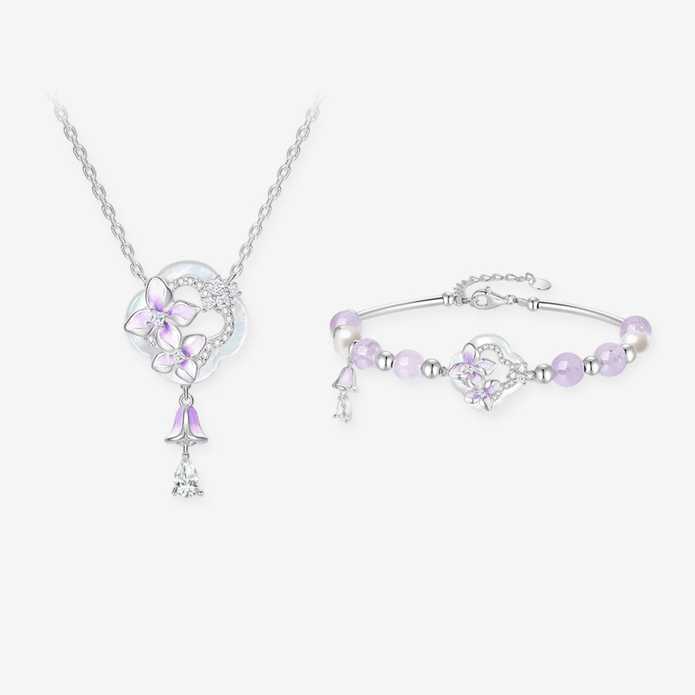 Silver Shell Wisteria Flower Garden Jewelry Set - Bracelet Necklace