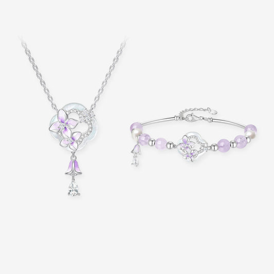 Silver Shell Wisteria Flower Garden Jewelry Set - Bracelet Necklace