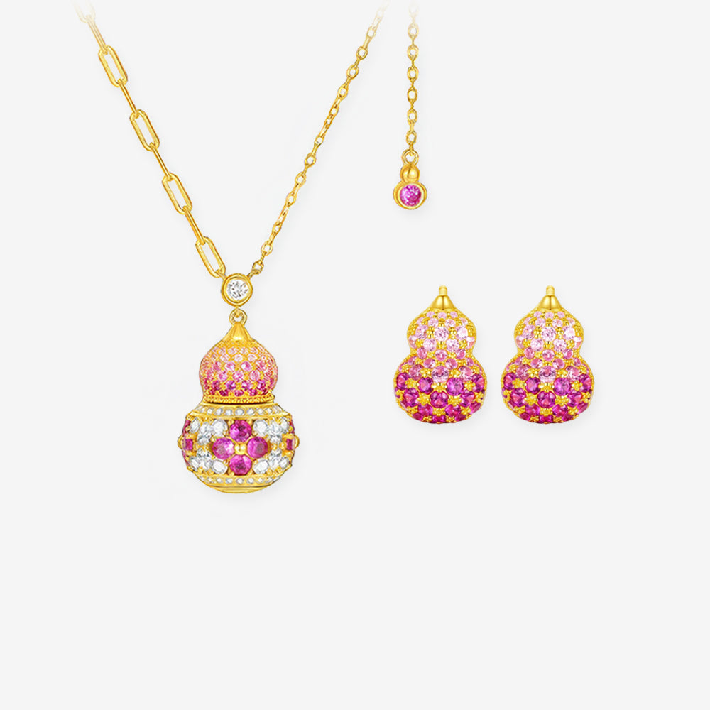 Gold-plated silver gourd necklace and stud earrings with pink synthetic ruby and cubic zirconia on white