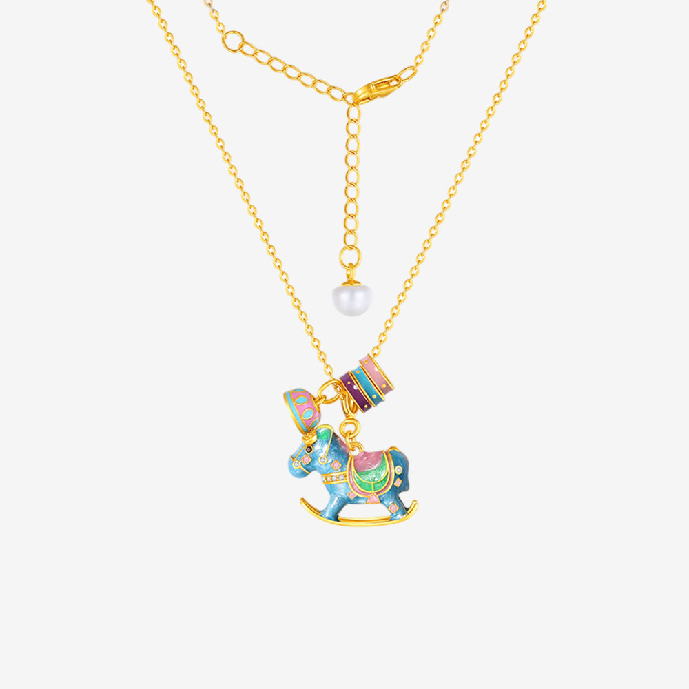 S925 Silver Enamel Childlike Wooden Horse Necklace