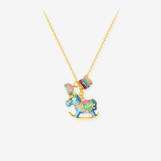 Silver Enamel Childlike Wooden Horse Necklace