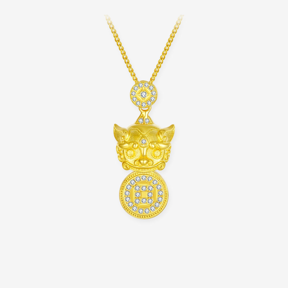 ChowTaiSeng gold plated silver Pixiu coin necklace — product view, three-tier pendant with pavé CZ coin bail, matte sculpted Pixiu head and round CZ-border ancient coin disc, gold wheat chain, light grey background