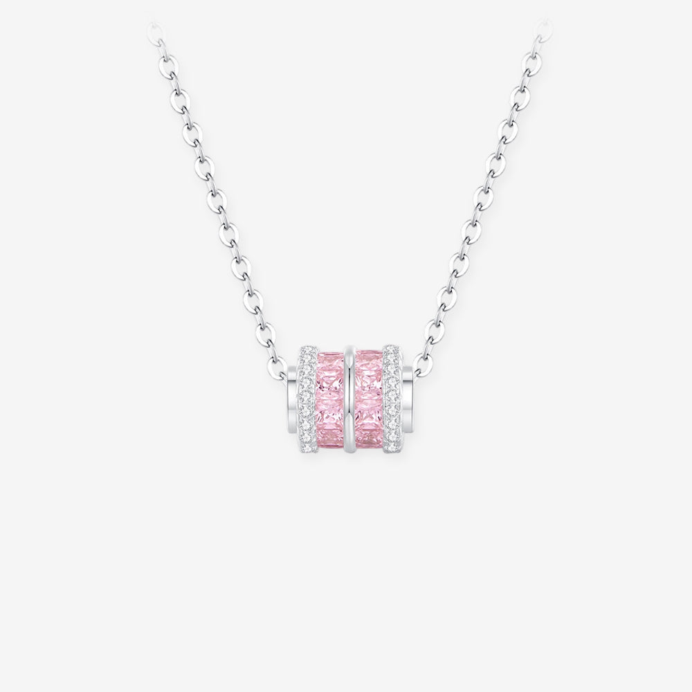 ChowTaiSeng Pink Small Waist Barrel Necklace on white background, featuring hourglass-shaped pendant set with pink and white cubic zirconia on 925 sterling silver cable chain