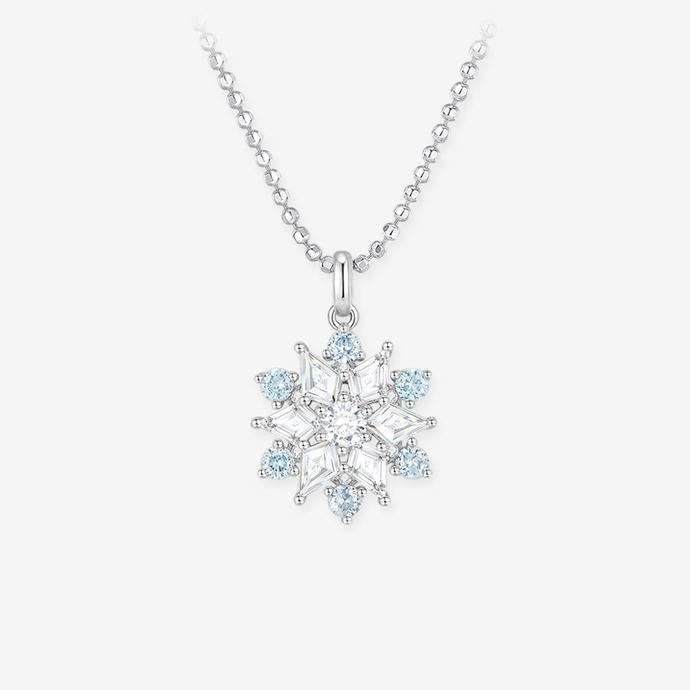 ChowTaiSeng S925 silver rotatable snowflake necklace — dual-layer pendant with ice-blue round CZ outer ring and white kite-cut CZ inner snowflake, ball chain, white background