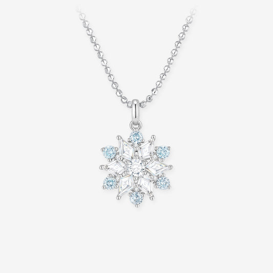 ChowTaiSeng S925 silver rotatable snowflake necklace — dual-layer pendant with ice-blue round CZ outer ring and white kite-cut CZ inner snowflake, ball chain, white background