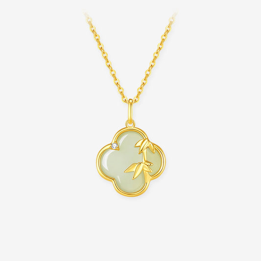 Gold Plated Silver Hetian Jade Bamboo Clover Necklace