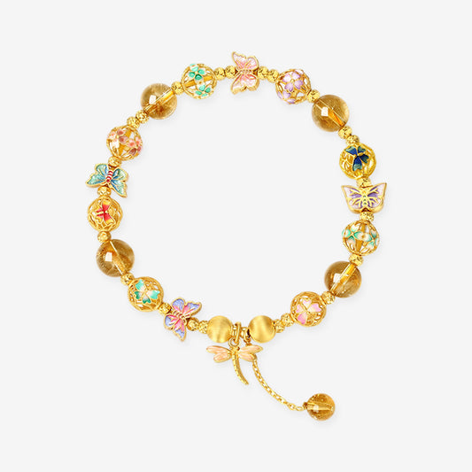 Gold Plated Silver Dragonfly Butterfly Embroidery Ball Citrine Beaded Bracelet