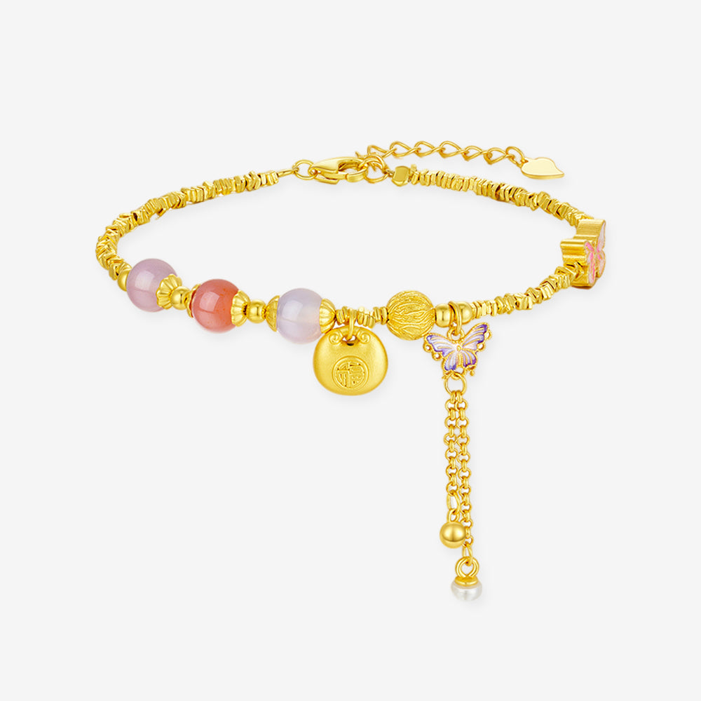 Gold Plated Silver Agate Blessing Fu Bag Butterfly Bracelet