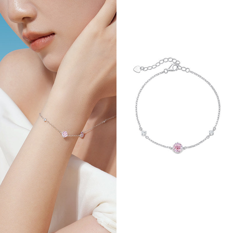 Silver Zircon Colored Rose Solitaire Bezel Bracelet