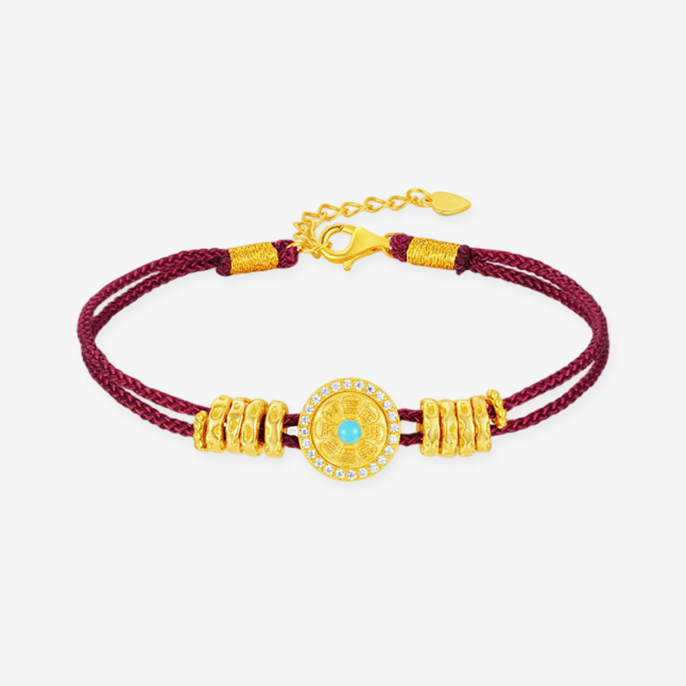 [Pre-sale] Gold Plated Silver Zircon Eight Treasures Compass Red Braided Bracelet