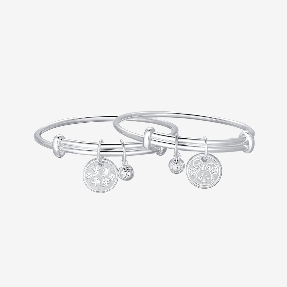 S990 Silver Newborn Baby Child Peach Rabbit Bangle Set