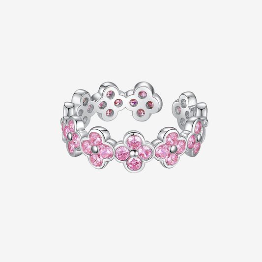 S925 Silver Zircon Pink Clover Open Ring