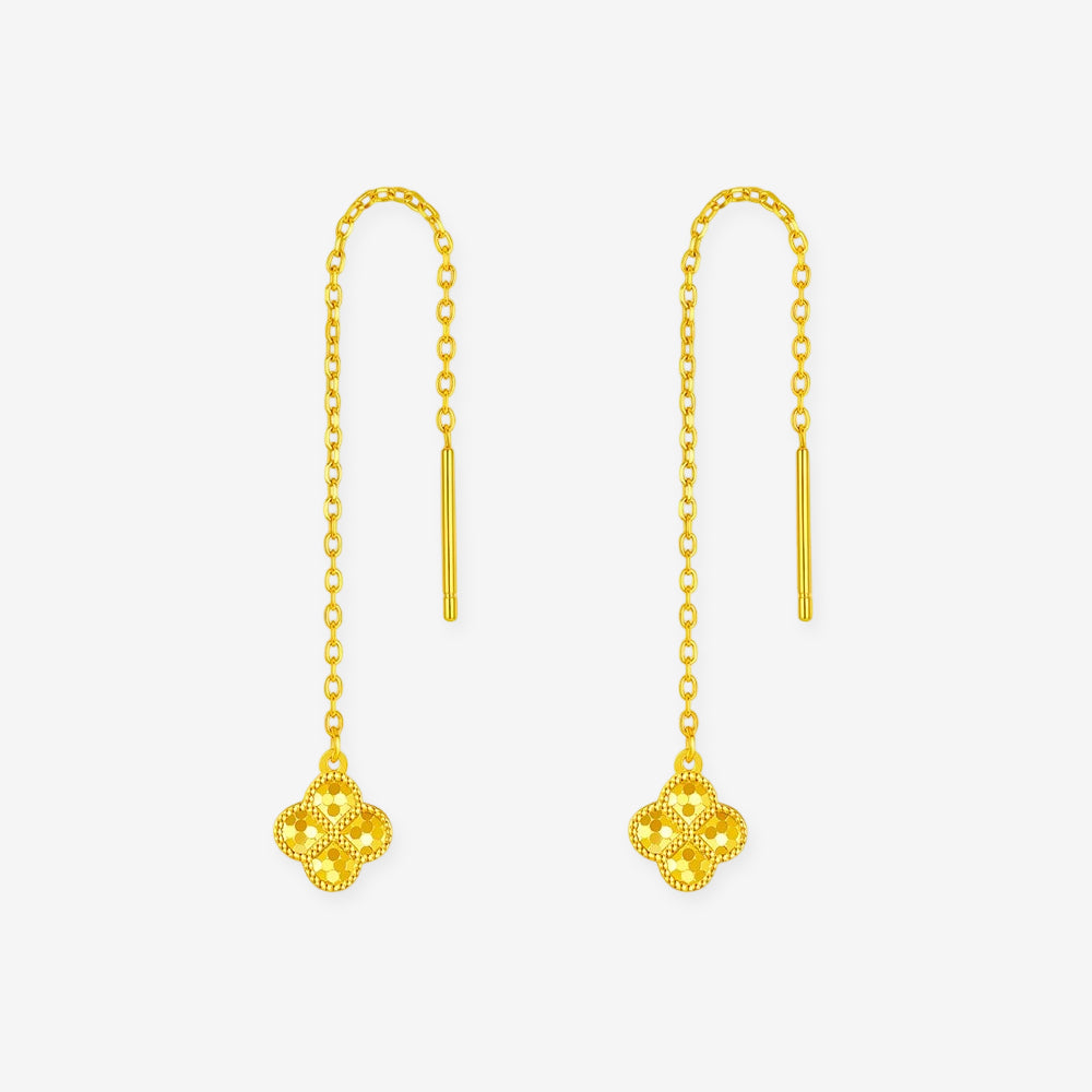 Gold-plated silver clover threader earrings with faceted leaves, beaded borders and fine chains