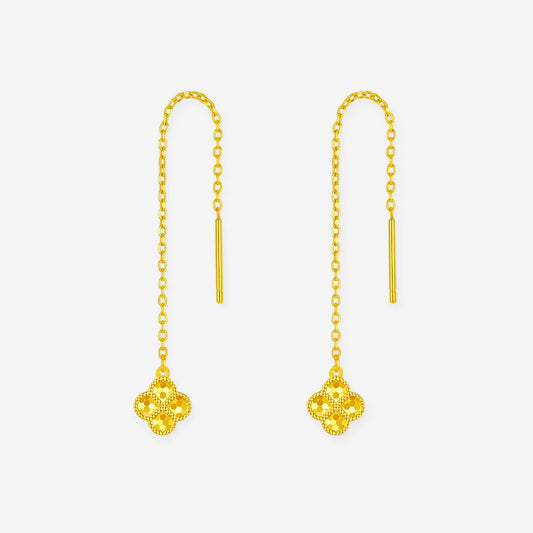 Gold-plated silver clover threader earrings with faceted leaves, beaded borders and fine chains