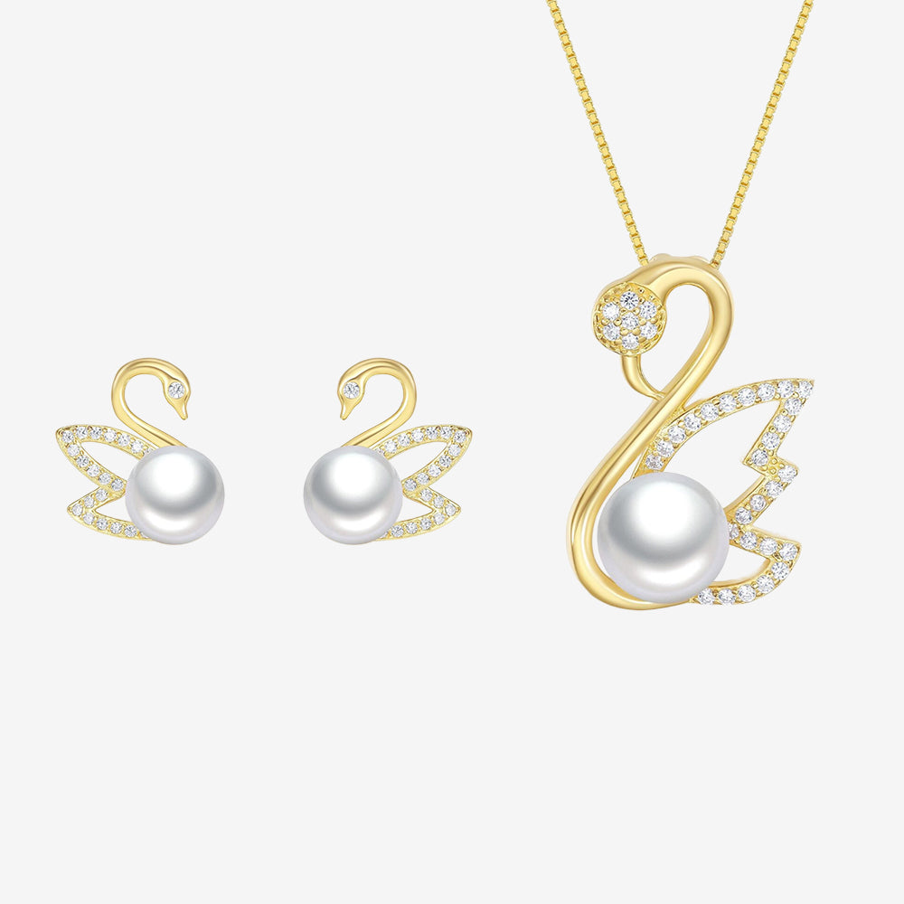 S925 Silver Pearl Zircon Golden Swan Necklace Earring Set