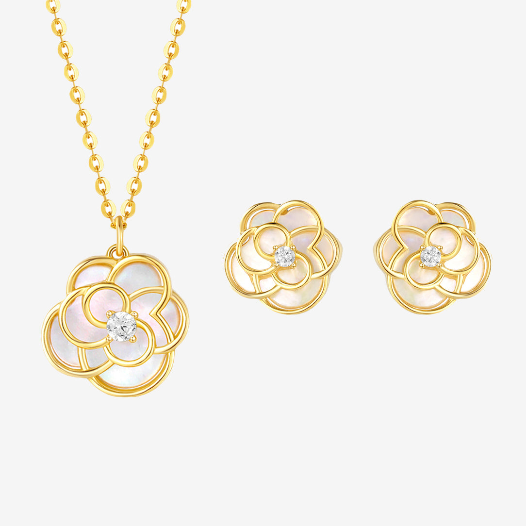 CHOW TAI SENG S925 Silver Camellia White Shell Necklace Jewelry Set